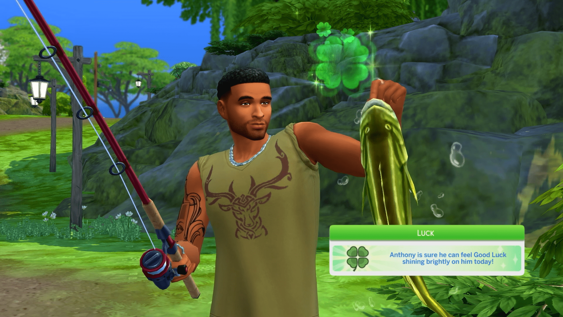 When fortune smiles, Sims glow, literally. Good Luck boosts success in everyday activities like fishing, foraging, and even socializing.