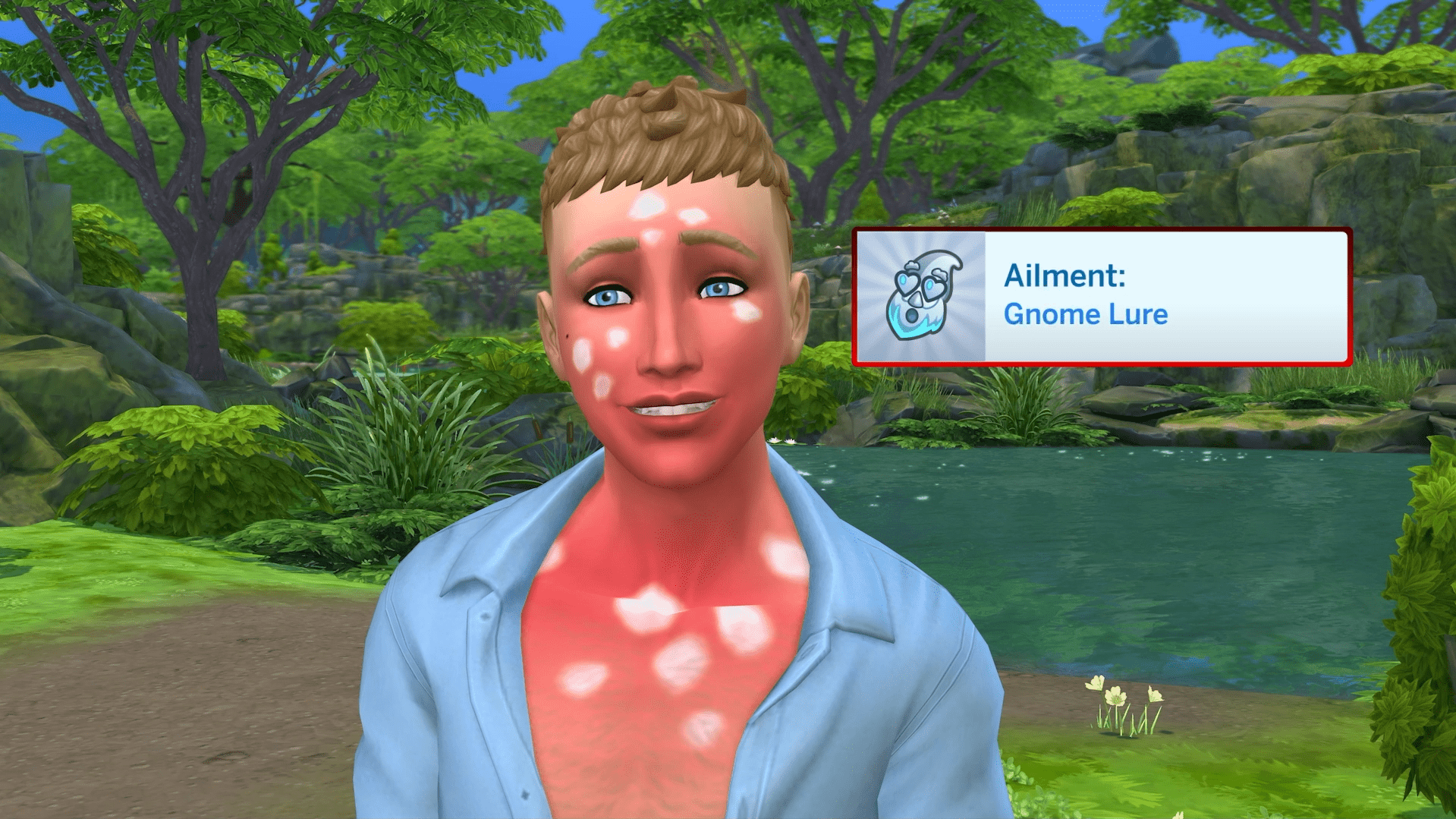 One magical illness caused by imbalance is “Gnome Lure”, your Sim turns splotchy red and begins attracting mischievous gnomes!