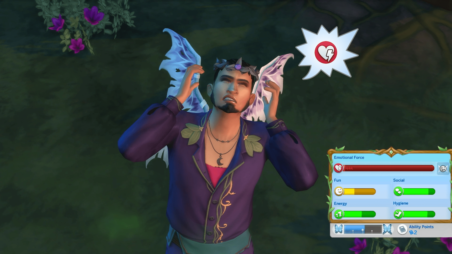 A male fairy Sim in The Sims 4 clutches his head in distress, with his Emotional Force meter fully depleted and a broken heart icon above him.