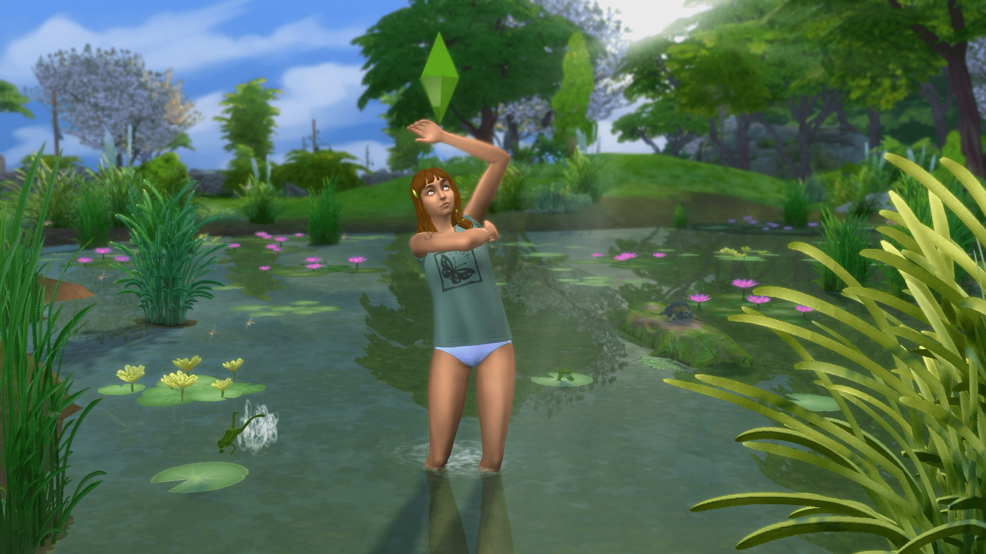 Bathing? In nature? 💧🐸 Sims with the Nature Nomad lifestyle aren't afraid to get their feet wet, and maybe dodge a frog or two.