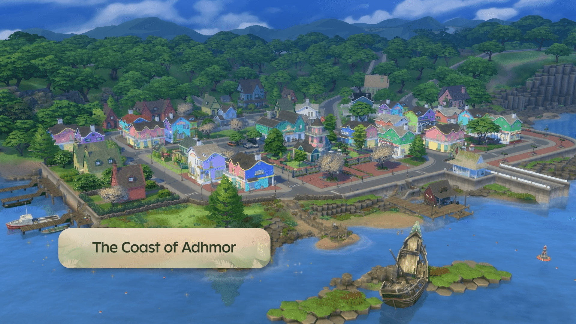 A colorful seaside town filled with pastel cottages, boardwalks, and piers along a vibrant coastline. The label reads “The Coast of Adhmor.”